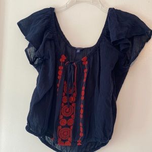 Aeropostale off the shoulder top dark blue with red patterns, size large